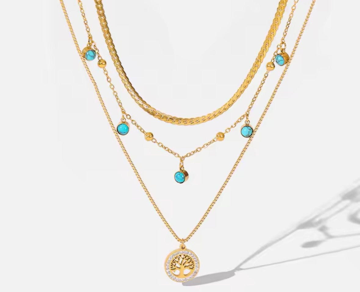 Triple Elegance 18K Gold Stainless Steel Necklace Set