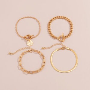 Punk Metal Chain Bracelet 4-Piece Set  Hollow Geometric Flat Snake Bone Cuff  Edgy Hip-Hop Jewelry In Gold & Silver